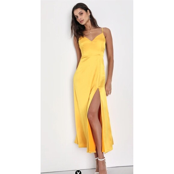 Lulus Always Audacious Marigold Yellow Satin Tie-Back Wrap Around Midi Dress XL - Picture 1 of 7